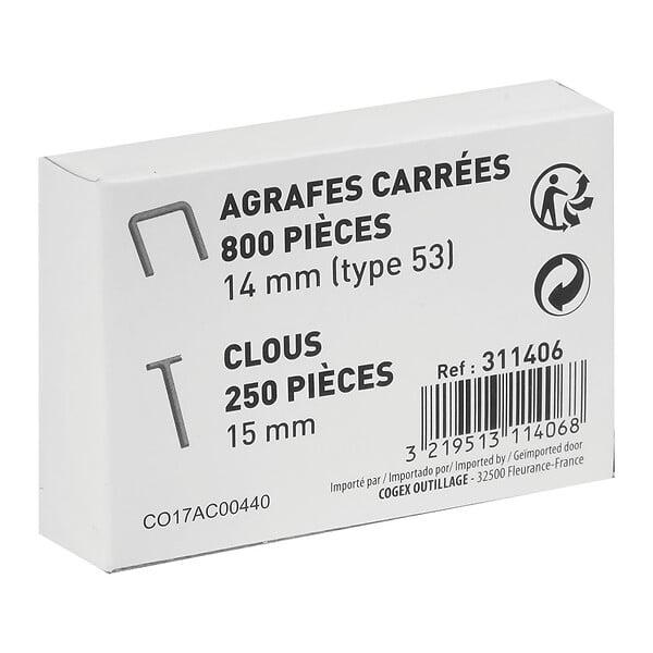 COGEX - Lot d'agrafes Type 53 14mm et clous 15mm - 1050 pièces - large