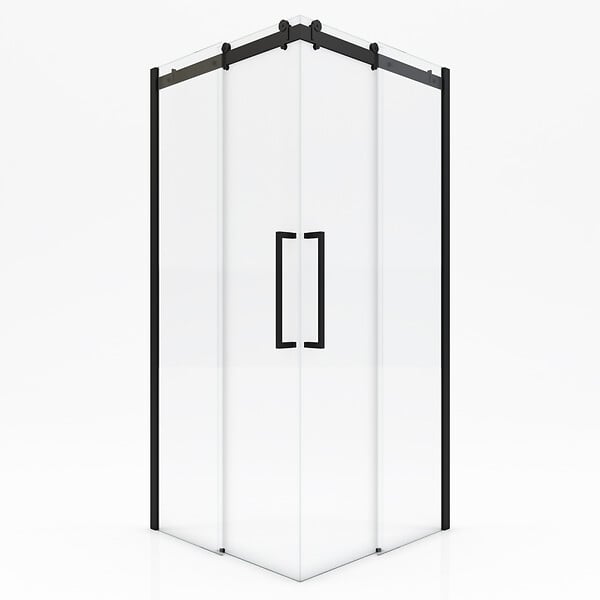 AURLANE - Porte de douche coulissante type industriel ouverture d'angle profiles noir mat - verre trempe 8mm - large