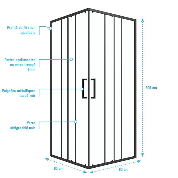 AURLANE - porte de douche carrée coulissante - verre sérigraphié noir 90x90 - large