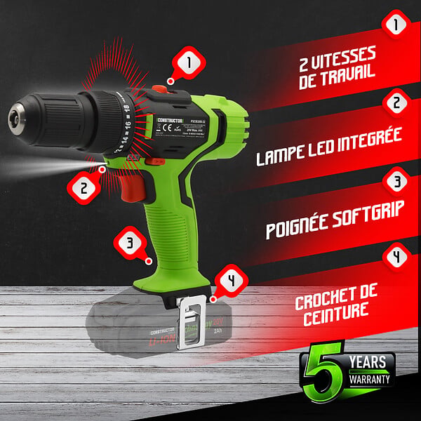 CONSTRUCTOR - Perceuse visseuse percussion max 20V sans batterie - Mandrin autoserrant 13mm - 42Nm - large