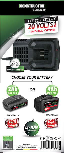 CONSTRUCTOR - Chargeur rapide pour batterie 20V max Constructor - large
