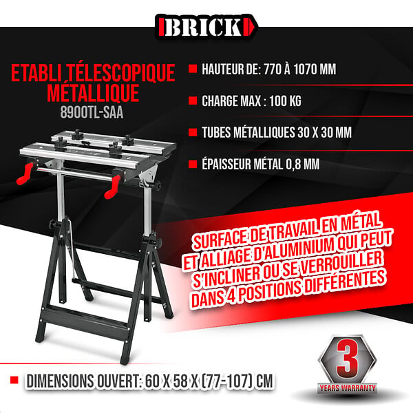 BRICK - Etabli télescopique métallique 60 x 58 x 77cm - Charge max 100kg - large