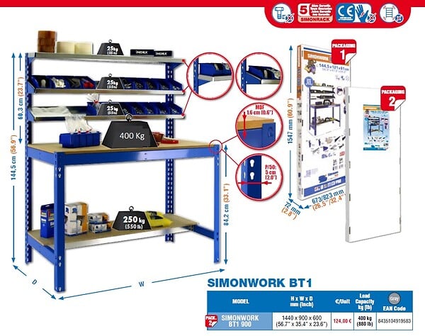 SIMON RACK - Simonrack - Etabli Gris 1440x900x600mm Charge 400kg -  Simonwork Bt1 900 - large