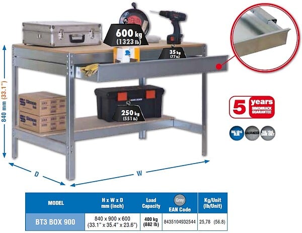 SIMON RACK - Simonrack - Kit Etabli Avec Tiroir 840x900x600mm - Bt-0 Box 900 Gris Fonce/bois - large