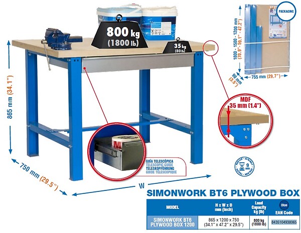 SIMON RACK - Simonrack - Etabli 865x1200x750mm Bleu - Bt6 Plywood Box 1200 - large