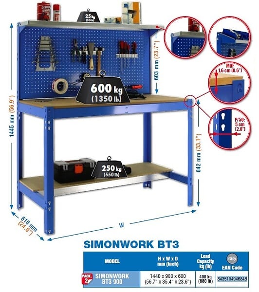 SIMON RACK - Simon Rack - Kit Etabli 1440x900x600mm Charge 400Kg - SIMONWORK BT3 900 GRIS FONCE/BOIS SIMONRACK - large