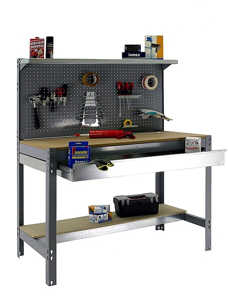 SIMON RACK - établi d'atelier métallique complet SimonRack Simonwork BT3 BOX 1500 gris/bois 1445x1510x610mm, panneau perforé, étagères, large tiroir, charge 600kg SIMONRACK - large