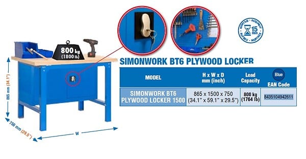SIMON RACK - Simonrack - Etabli Avec Porte Verrouillable 865x1500x750mm Bleu - Plywood Locker 1500 - large