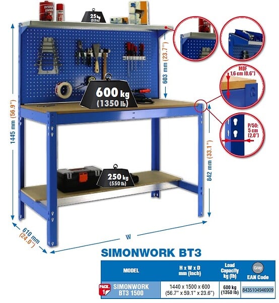 SIMON RACK - Simonrack - Kit Etabli 1440x1500x600mm Charge 600kg -  Simonwork Bt3 1500 Gris/bois - large