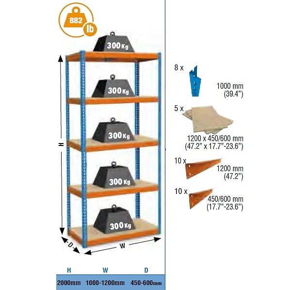 SIMON RACK - SimonRack - Etagère de rangement 2000x1200x450mm bleu/orange/bois charge 300 Kg - Bricoforte 1204-5 Chipboard8435104938584 Simon Rack - large