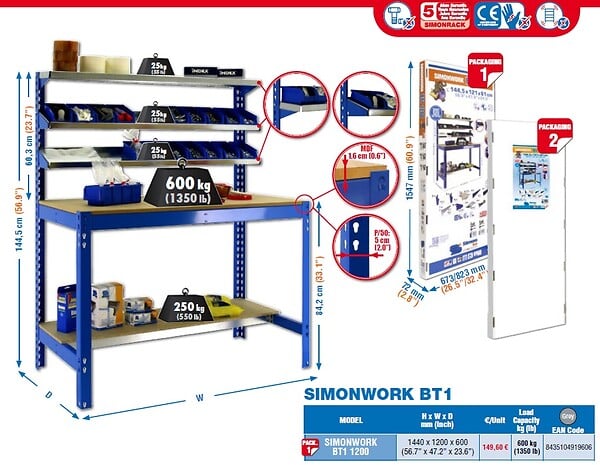 SIMON RACK - Kit Etabli 1440x1200x600mm Charge 600Kg SIMONWORK BT-1 1200 GRIS FONCE/BOIS Simon Rack - large