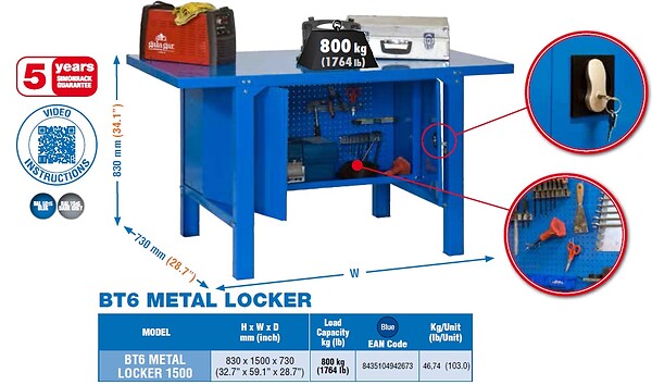 SIMON RACK - Simonrack - Kit Etabli Avec Un Verrou 830x1500x730mm Charge 800 Kg - Bt-6 Metal Locker 1500 Bleu - large