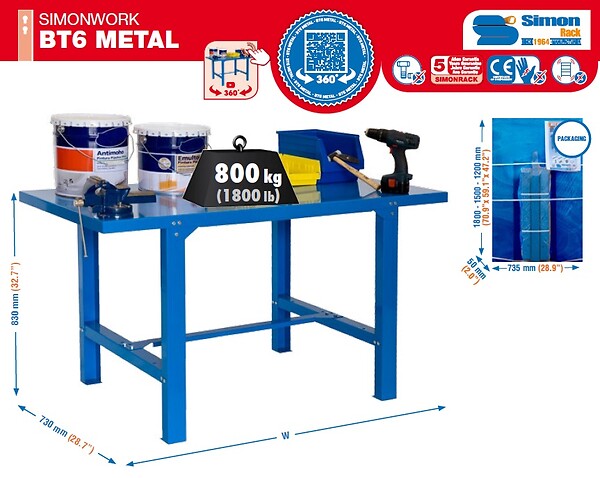 SIMON RACK - Simonrack - Etabli En Métal Bleu 830x1800x730mm Charge 800 Kg - Simonwork Bt6 Metal 1800 - large