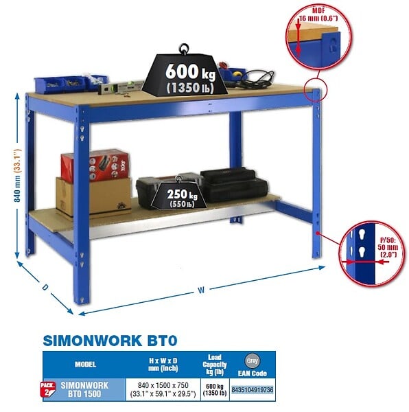SIMON RACK - Simonrack - Kit Etabli 840x1500x750mm Charge 600kg -  Simonwork Bt0 1500 Gris Fonce - large