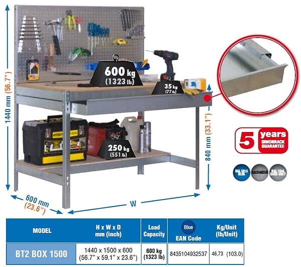 SIMON RACK - SimonRack - Kit Etabli avec tiroir 1440x1500x600mm - BT-2 BOX 1500 BLEU/BOIS Simon Rack - large