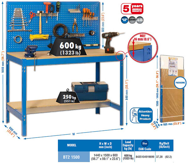 SIMON RACK - Simonrack - Etabli 1440x1500x600mm Charge 600kg - Bt-2 1500 Bleu/bois - large
