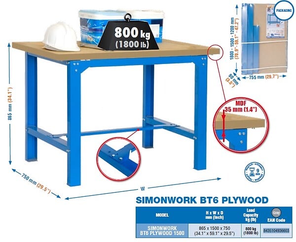 SIMON RACK - Simonrack - Etabli 865x1500x750mm Gris Foncé - Bt6 Plywood 1500 - large