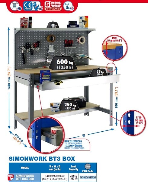 SIMON RACK - Simonrack - Kit Etabli 1440x900x600mm Charge 400kg -  Simonwork Bt3 Box 900 Gris/bois - large