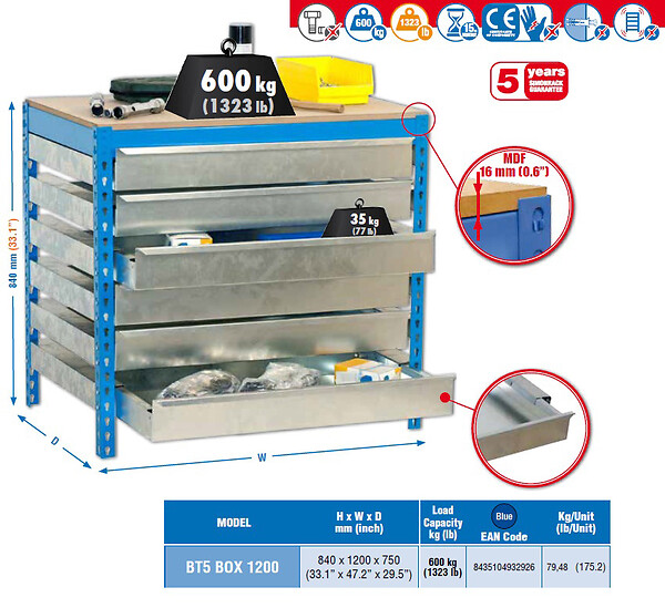 SIMON RACK - Simonrack - Kit Etabli Avec Tiroirs 840x1200x750mm - Bt-5 Box6 1200 Bleu/bois - large