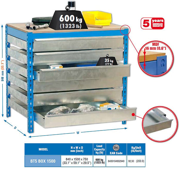 SIMON RACK - Simonrack - Kit Etabli Avec Tiroirs 840x1500x750mm - Bt-5 Box6 1500 Galva/bois - large