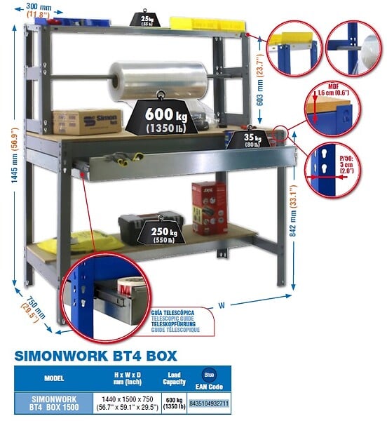 SIMON RACK - Simonrack - Kit Etabli 1440x1500x750mm Charge 600kg -  Simonwork Bt4 Box 1500 Bleu - large