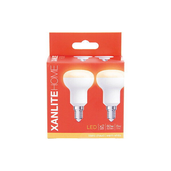 XANLITE - Lot de 2 ampoules SMD LED spot R50, culot E14, puissance équivalente 60W, flux 806 lm, lumière blanc chaud 2700 K, usage intérieur, idéale chambre, salon et pièces à vivre - large