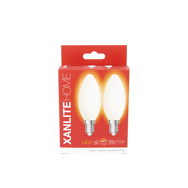 XANLITE - Lot de 2 ampoules Filament LED flamme opaques, culot E14, puissance équivalente 60W, flux 806 lm, lumière blanc neutre 4000 K, verre dépoli, usage intérieur - large