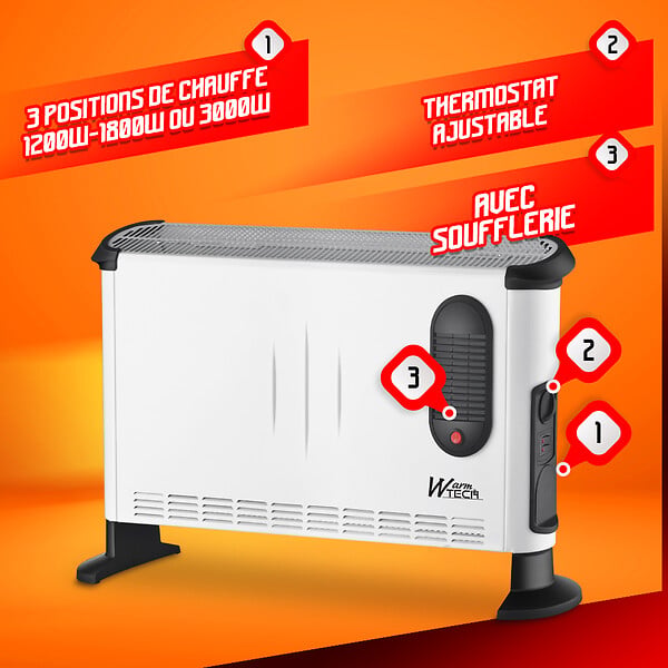 WARM TECH - Convecteur électrique mobile 3000W avec soufflerie - 3 positions - large