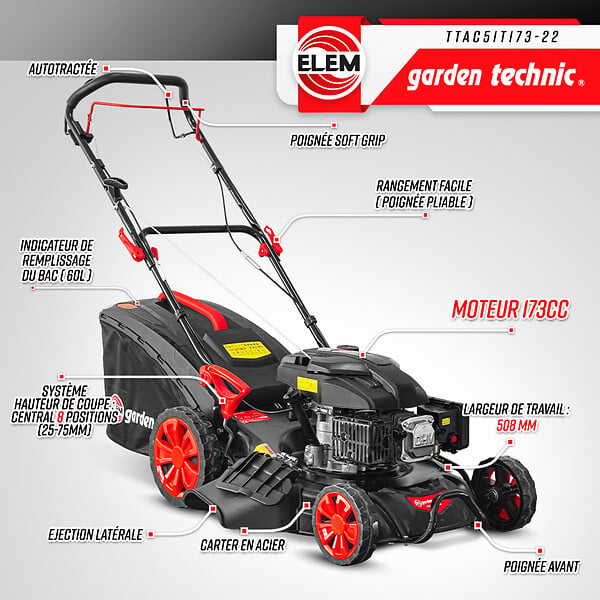 ELEM GARDEN TECHNIC - Tondeuse thermique autotractée 173 CC - 508mm avec éjection latérale et mulching - large