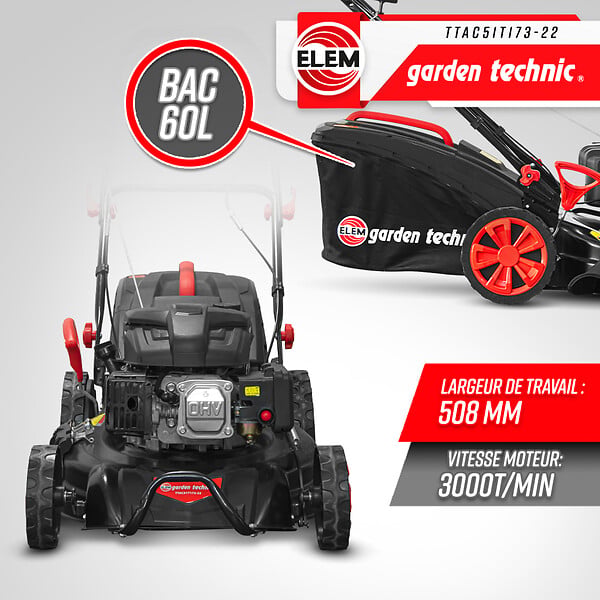 ELEM GARDEN TECHNIC - Tondeuse thermique autotractée 173 CC - 508mm avec éjection latérale et mulching - large