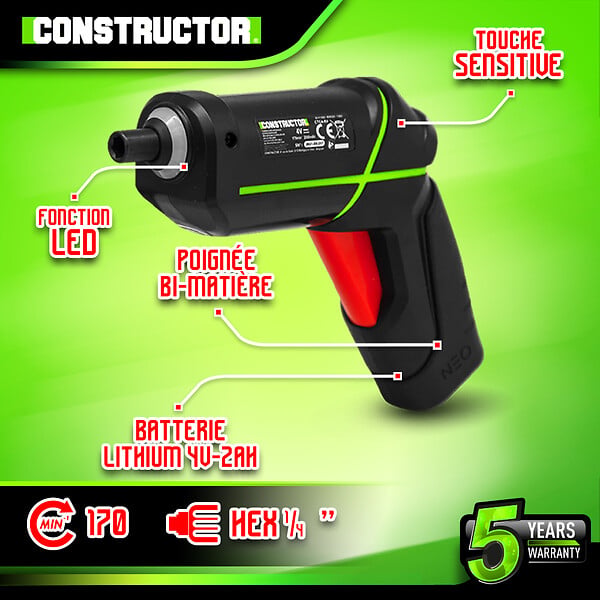 CONSTRUCTOR - Tournevis rechargeable 4V lithium avec accessoires - 4.5Nm - large
