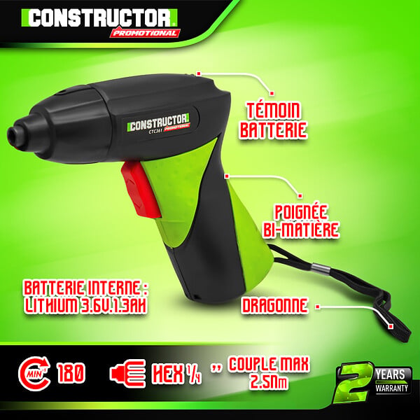 CONSTRUCTOR - Tournevis rechargeable 3.6V lithium 1.3Ah - large