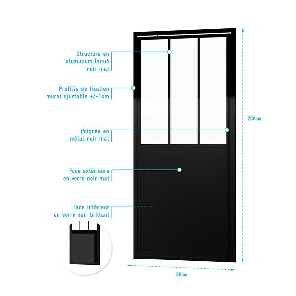 AURLANE - Porte de douche pivotante 80x200cm type atelier - Profilés noir mat Verre 5mm - WORKSHOP GLOSSY - large