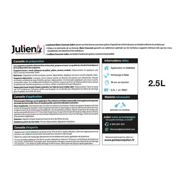 JULIEN - Peinture intérieure couvrant - Blanc - Satin - 2,5L - large