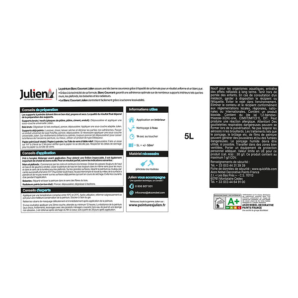 JULIEN - Peinture intérieure couvrant - Blanc - Mat - 5L - large
