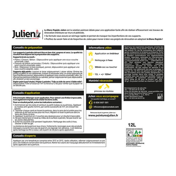 JULIEN - Peinture intérieure rapide - Blanc - Mat - 12L - large