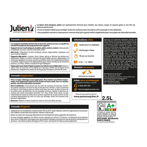 JULIEN - Peinture Intérieure Julien Blanc Anti-Marques Velours Blanc 2,5 L - large