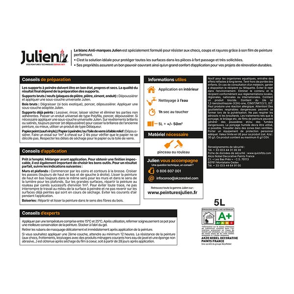 JULIEN - Peinture intérieure Anti-Marques Velours Blanc 5L - large