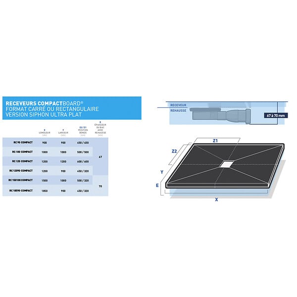 U-TILE - Receveur à carreler U-Tile avec rehausse intégrée et grille carrée centrée - large