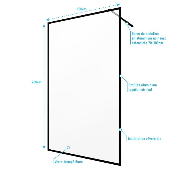 AURLANE - Paroi de Douche 100x200 cm - Cadre et Bras Aluminium NOIR MAT - DARK CONTOURING - large