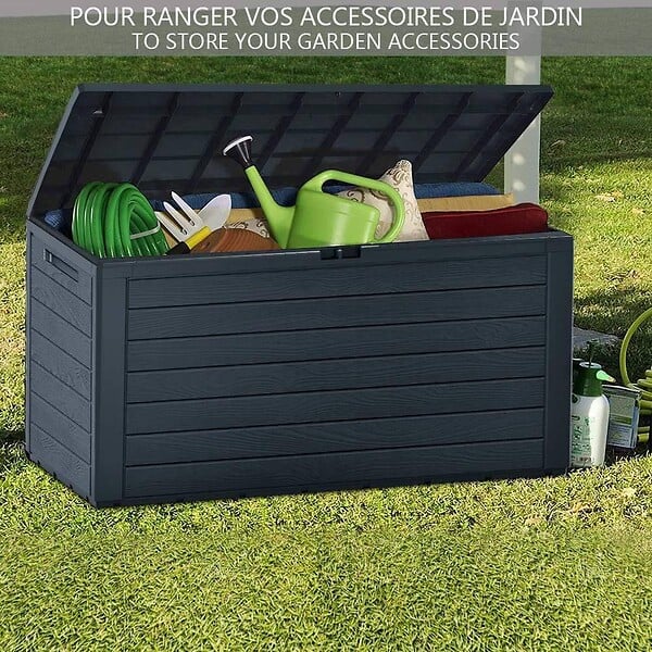 VOUNOT - Coffre de Rangement Exterieur 280L  en PP 116x44x55CM Style Bois Anthracite - large