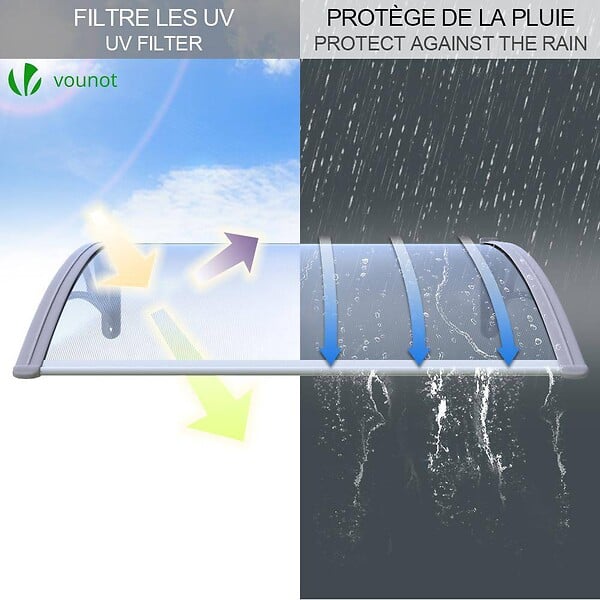 VOUNOT - Auvent de porte marquise 120x80 cm transparent en Polycarbonate anti UV Gris - large