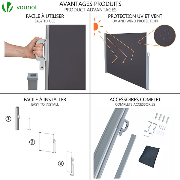 VOUNOT - Paravent retractable avec housse de protection 1.6x3m Anthracite - large