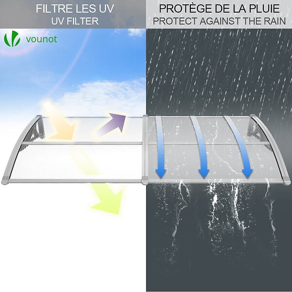 VOUNOT - Auvent de porte marquise 200x80 cm transparent en Polycarbonate anti UV Gris - large