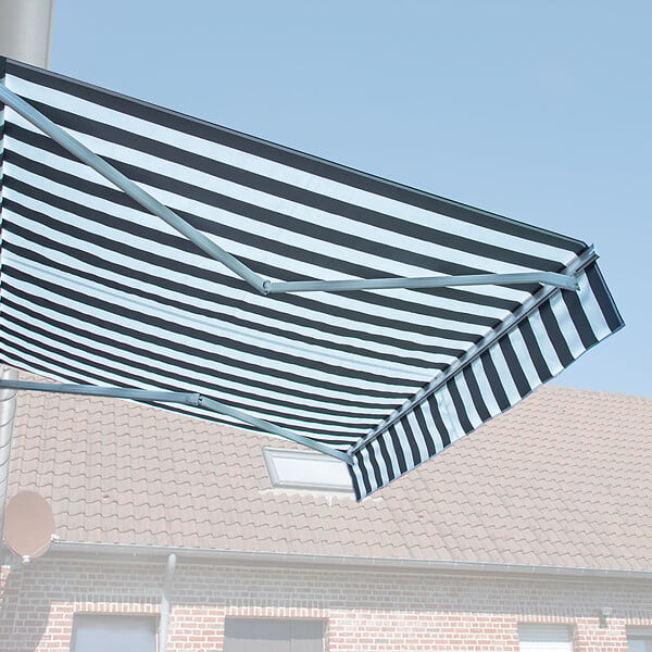 HAPPY GARDEN - Store banne SAULE 3,95 × 3m avec semi-coffre - Toile rayée blanche/grise et structure blanche - large