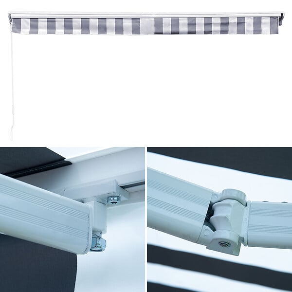 HAPPY GARDEN - Store banne SAULE 3,95 × 3m avec semi-coffre - Toile rayée blanche/grise et structure blanche - large