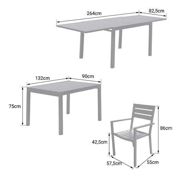 HAPPY GARDEN - Salon de jardin VENEZIA extensible 132/264 en aluminium anthracite - 10 places - large