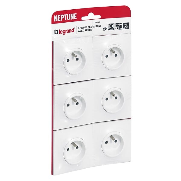 LEGRAND - Lot de 6 prises de courant avec terre Neptune - Blanc - 16A - large