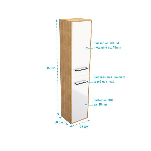 AURLANE - Meuble colonne de douche 30x35 cm suspendu - 2 portes finition blanc mat - large
