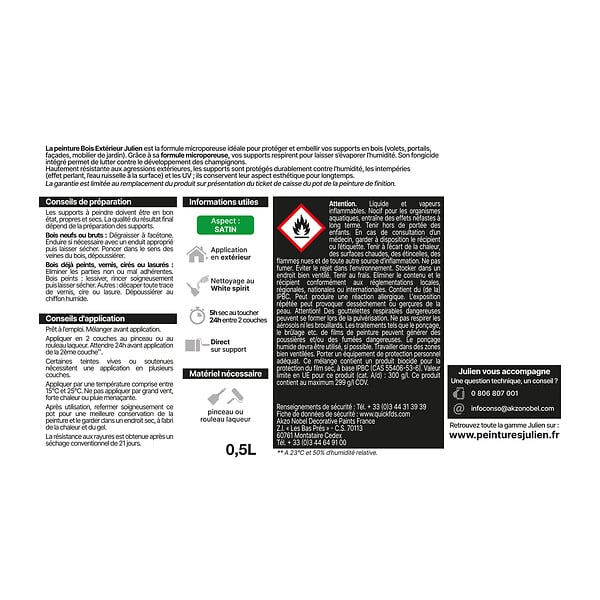JULIEN - Peinture bois extérieure - Microporeux - Blanc - 0,5L - large